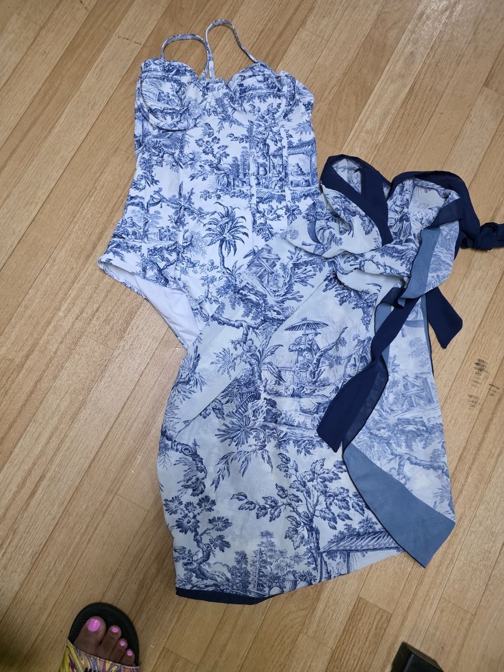 Blue Toile One-Piece Swimsuit with Matching Cover-Up